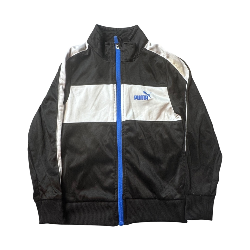 Puma Track Jacket Kids Size 5 Black White Blue Colorblock Full Zip Athletic Logo